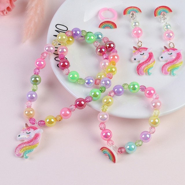 4pcs/set Children Colorful Bead Necklace Bracelet Set Unicorn Rainbow  Necklace Bracelet for Little Girls Jewelry Set Wholesale - AliExpress